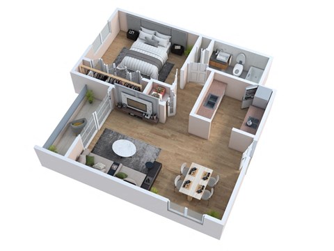 a 3d floor plan of a home with a bedroom and a living room